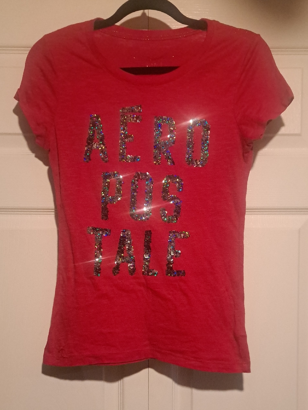 👠Aeropostale Ladies Bright Red Sequin Logo Tee For casual comfort and style